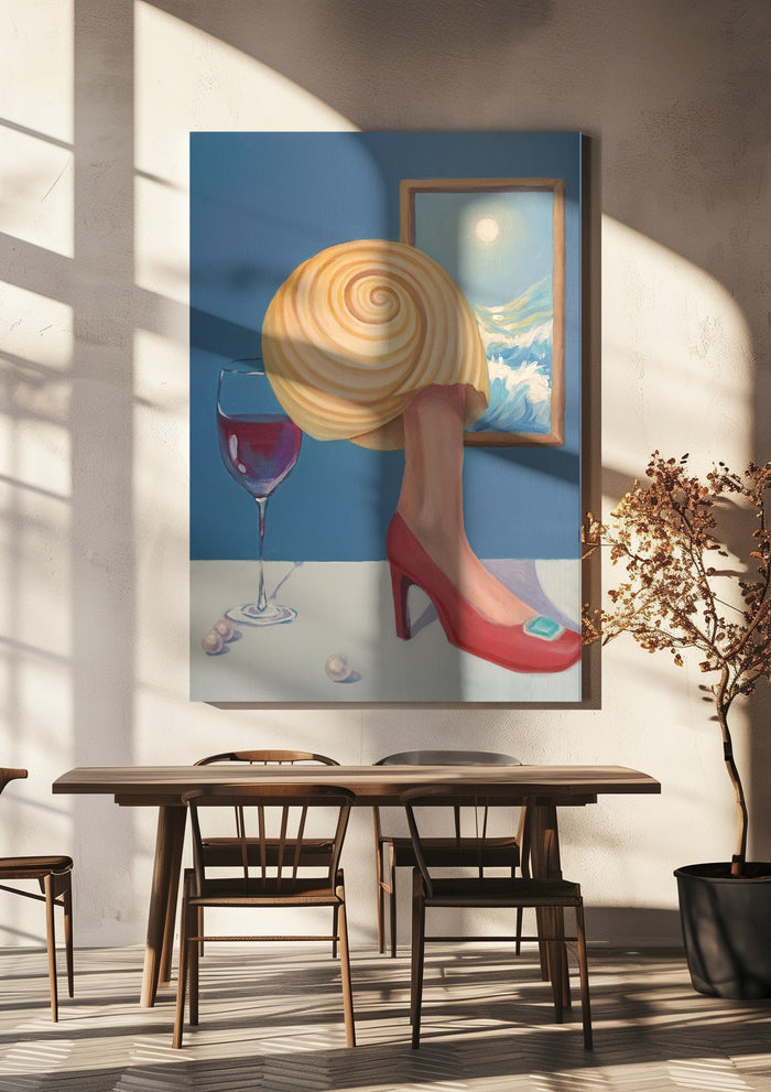 Memory of a conch girl by NeReid hanging above a wooden dining table in warm sunlight