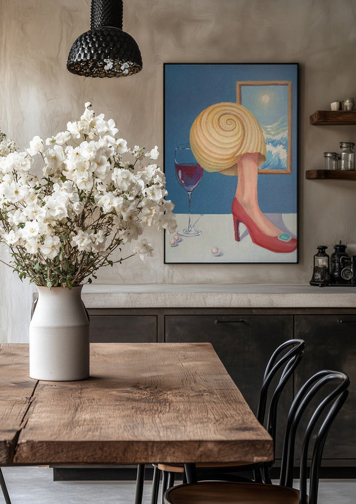 Memory of a conch girl by NeReid in a black frame above a rustic table with white flowers