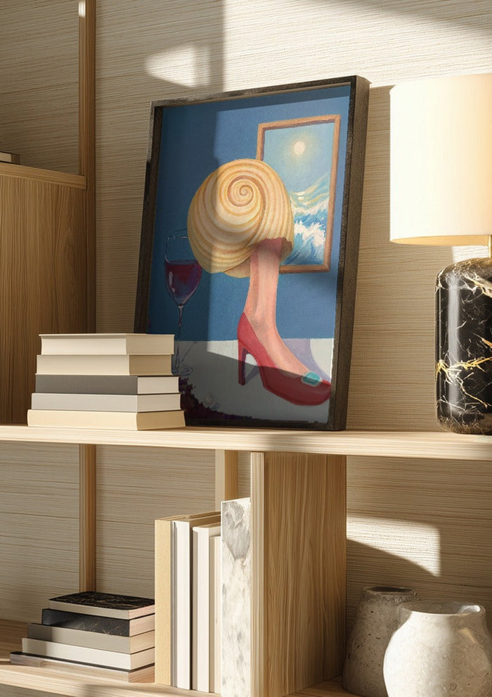 Memory of a conch girl by NeReid in a dark frame on a wooden shelf beside books and a lamp