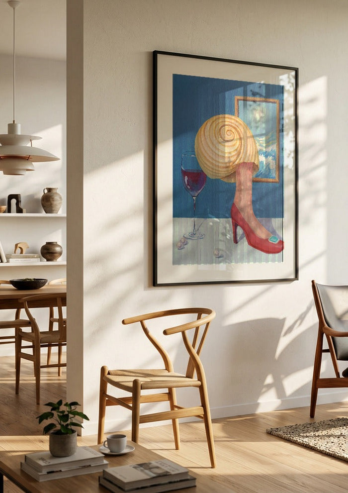 Memory of a conch girl by NeReid in a black frame in a bright dining room with wooden chairs