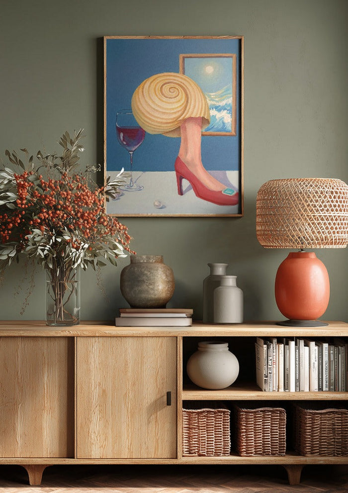 Memory of a conch girl by NeReid above a wooden sideboard on a sage green wall