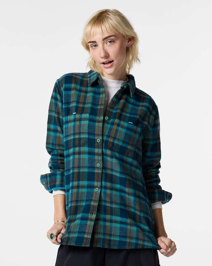 Mero Organic Flannel Shirt - Women's, Indigo Plaid, Model Josie