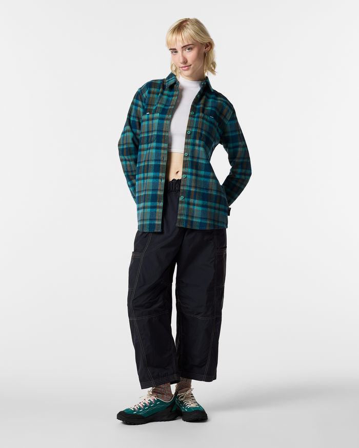Mero Organic Flannel Shirt - Women's, Indigo Plaid, Model Josie