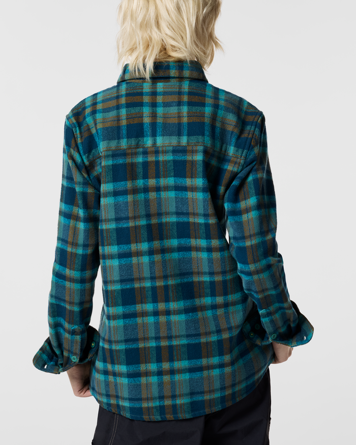Mero Organic Flannel Shirt - Women's, Indigo Plaid, Model Josie