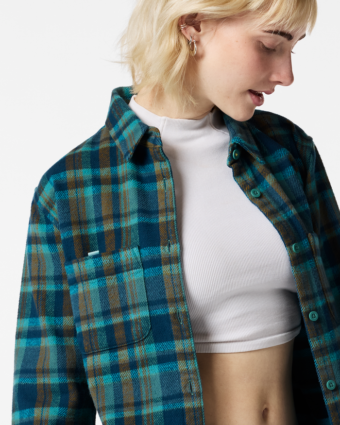 Mero Organic Flannel Shirt - Women's, Indigo Plaid, Model Josie
