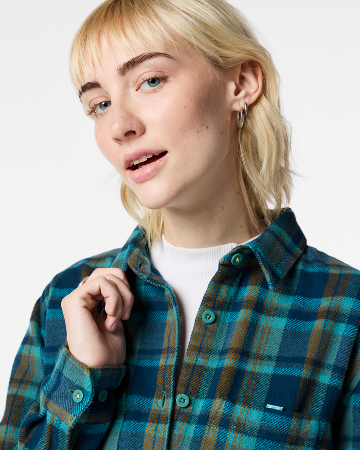 Mero Organic Flannel Shirt - Women's, Indigo Plaid, Model Josie