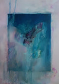 MetaMorfo by Alice Ruja — abstract teal and turquoise washes with butterfly-like wings dissolving into falling water on a pale rose ground.