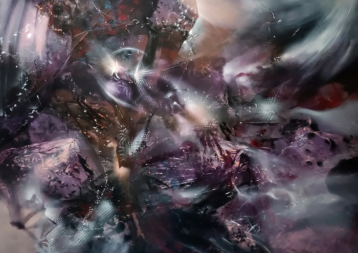 Metaphysical Nocturne in Stardust by Ovidiu Kloska - smoky plum and mauve abstract swirls with flashes of white light