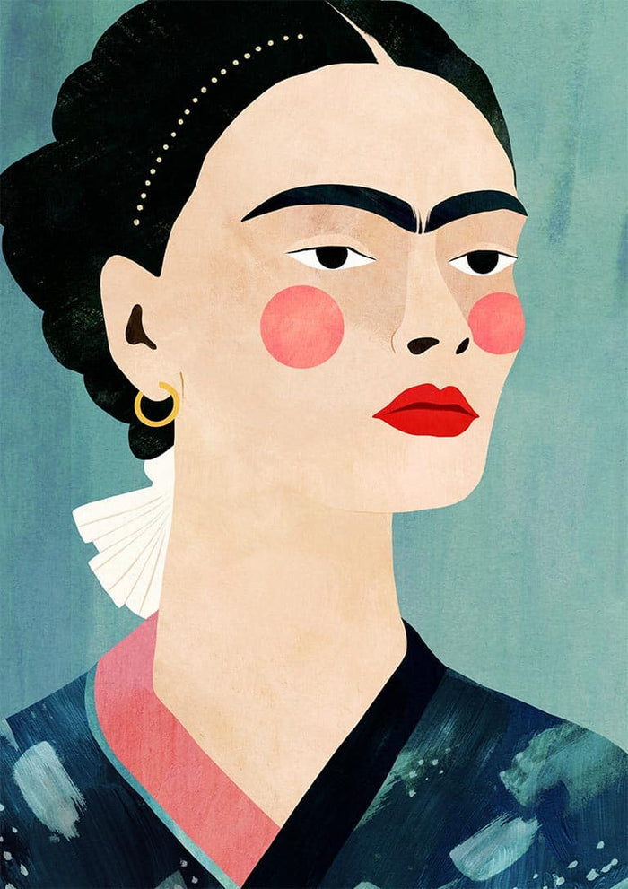 Stylized portrait of a woman with bold eyebrows and red lips on a blue background, from Mexican on Blue - Henry Rivers.