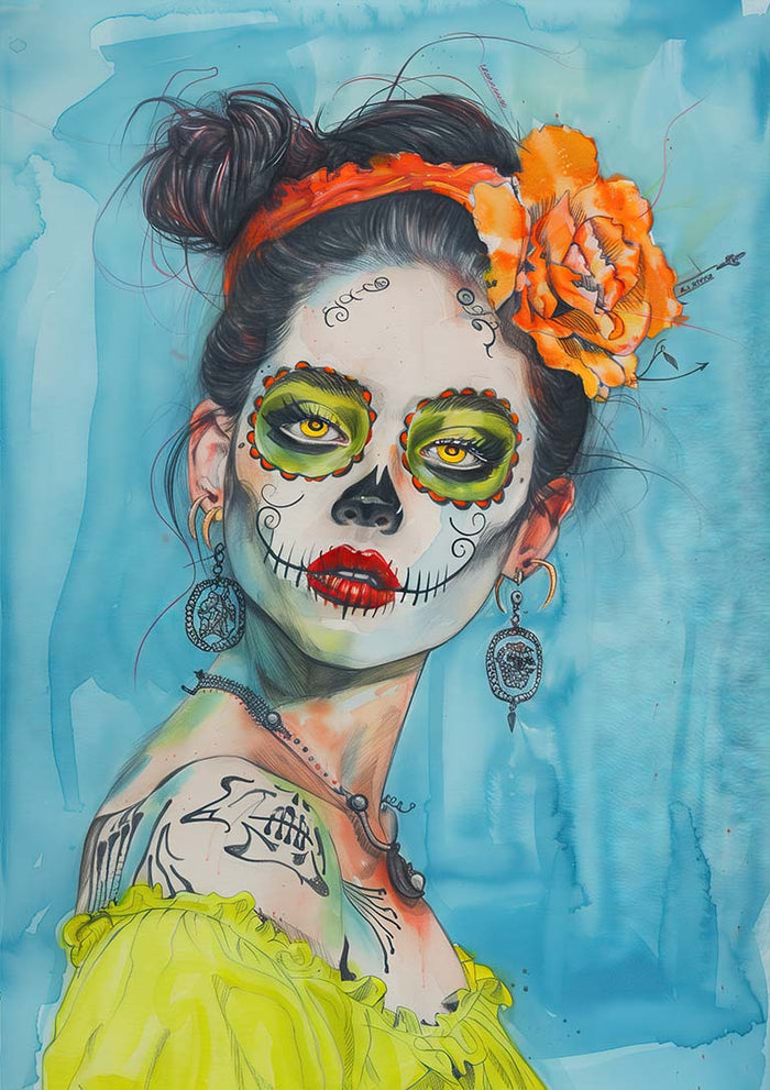 Woman with Day of the Dead face paint, orange flower headband, and green top on Mexican Smile - Tara Green product page.