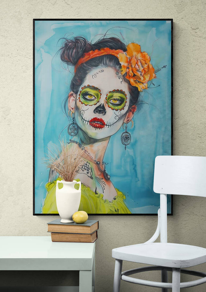 Framed "Mexican Smile - Tara Green" artwork featuring a woman with Day of the Dead face paint on a colorful wall.