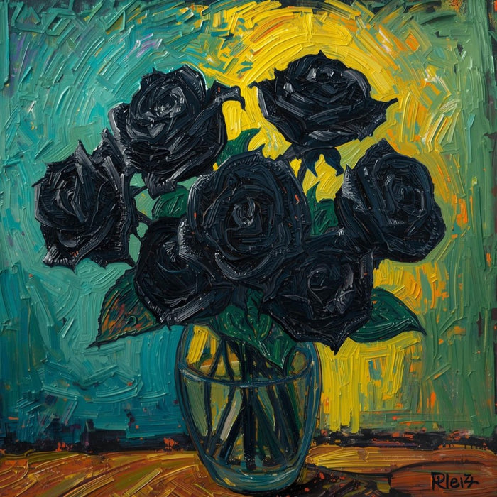 Midnight Bouquet by Devour Art - nine black roses in a glass vase against a teal and yellow impasto ground