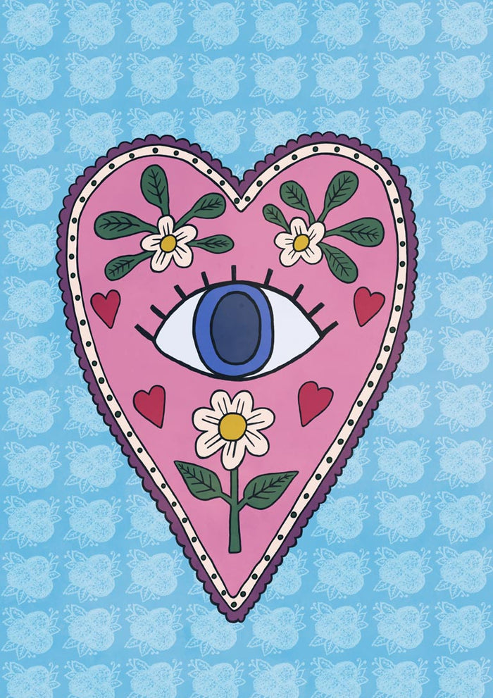 Folk art poster of a pink milagro heart containing a blue eye and white daisies on a powder blue floral background.