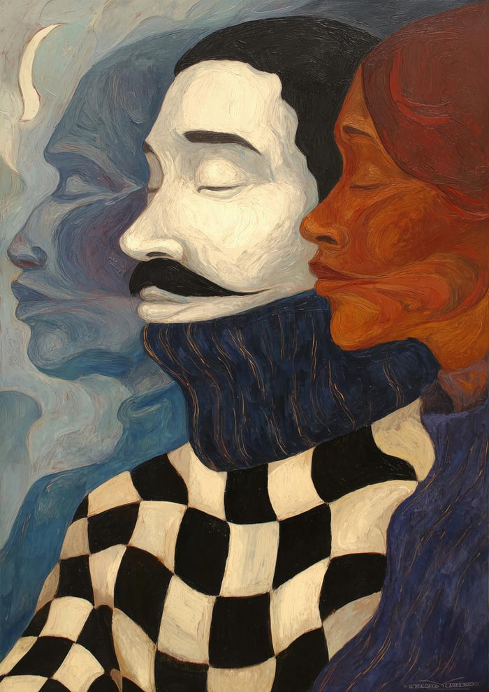 Abstract art of two serene faces, one with a checkerboard shirt, featured on "Mind Your Business - Martin Zen" product page.