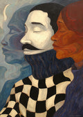 Abstract art of two serene faces, one with a checkerboard shirt, featured on "Mind Your Business - Martin Zen" product page.