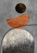 Minimalistic brown and silver poster with abstract geometric shapes on a textured gray background.