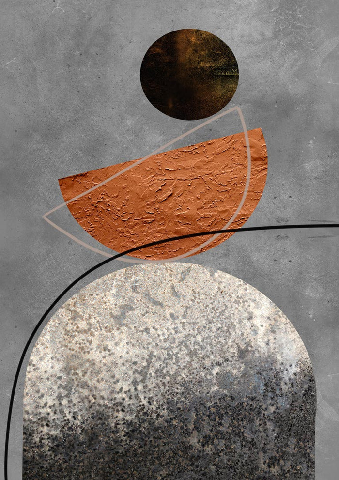 Minimalistic brown and silver poster with abstract geometric shapes on a textured gray background.