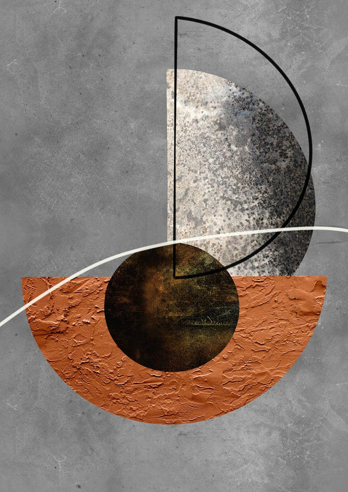 Minimalistic brown and silver geometric poster with textured shapes on a gray background.