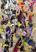 Miracukus by Igor Kotnik Art - yellow, red, white and black paint drips on a beige ground
