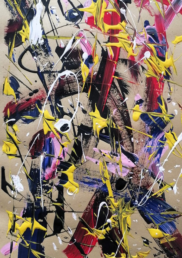 Miracukus by Igor Kotnik Art - yellow, red, white and black paint drips on a beige ground