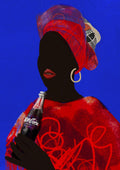 Mmapula by Monyuri - woman in a red head wrap holding a Coca-Cola bottle on cobalt blue