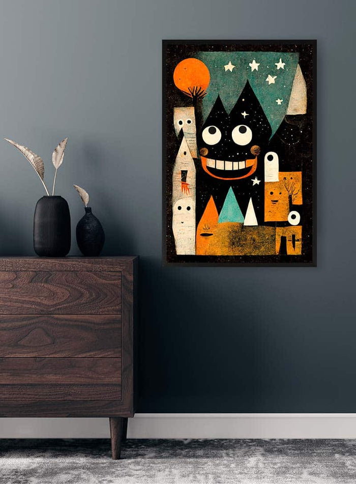 Monster Ville - Treechild art print featuring playful monster and geometric shapes hangs on a dark wall above a dresser.