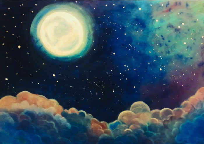 Moon Above the Clouds by Art By Biba - a glowing moon and a green nebula over banked blue and peach clouds