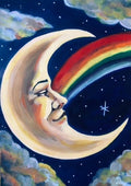 Moon and Rainbow by Art By Biba - a cream crescent moon with a human face and a rainbow on a starry navy sky