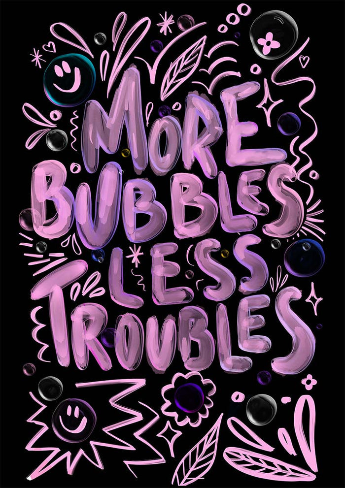 Purple bubbly "More Bubbles Less Troubles" graphic with playful doodles, for Baroo Bloom product page.