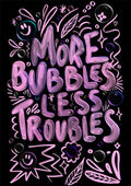 Purple bubbly "More Bubbles Less Troubles" graphic with playful doodles, for Baroo Bloom product page.
