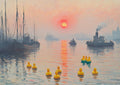 Morning quack by Dikhotomy - yellow rubber ducks floating in a misty Impressionist harbour at sunrise