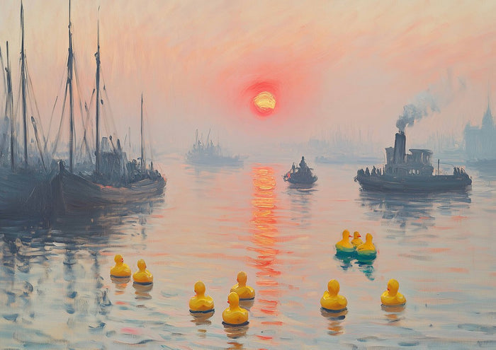 Morning quack by Dikhotomy - yellow rubber ducks floating in a misty Impressionist harbour at sunrise