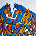 Mosaic Mares by Igor Kotnik Art - three horses in a cobalt, orange and gold stained-glass mosaic