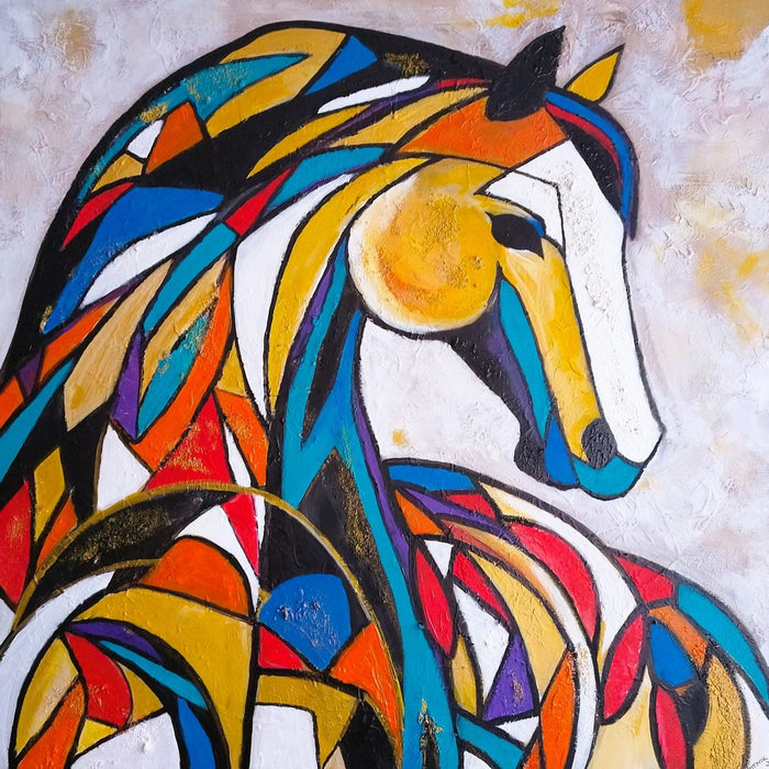 Mosaic Mustang by Igor Kotnik Art - stained-glass style horse head in gold, cobalt and red