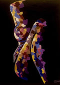 Mosaic Nude in Violet by Art By Biba - a seated figure built from violet, blue and mustard patches on black