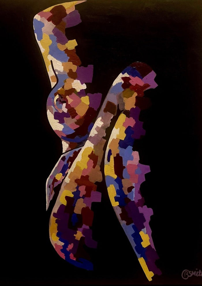Mosaic Nude in Violet by Art By Biba - a seated figure built from violet, blue and mustard patches on black