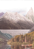 Poster featuring a serene mountain lake scene with tall peaks and dense forest reflected in the water.