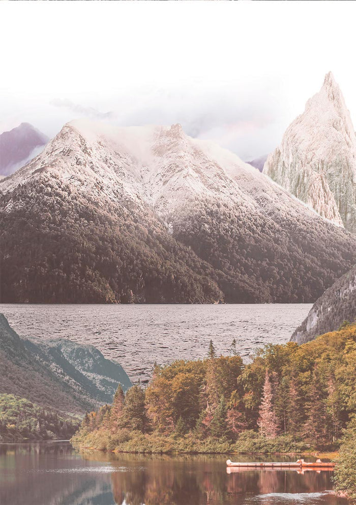 Poster featuring a serene mountain lake scene with tall peaks and dense forest reflected in the water.