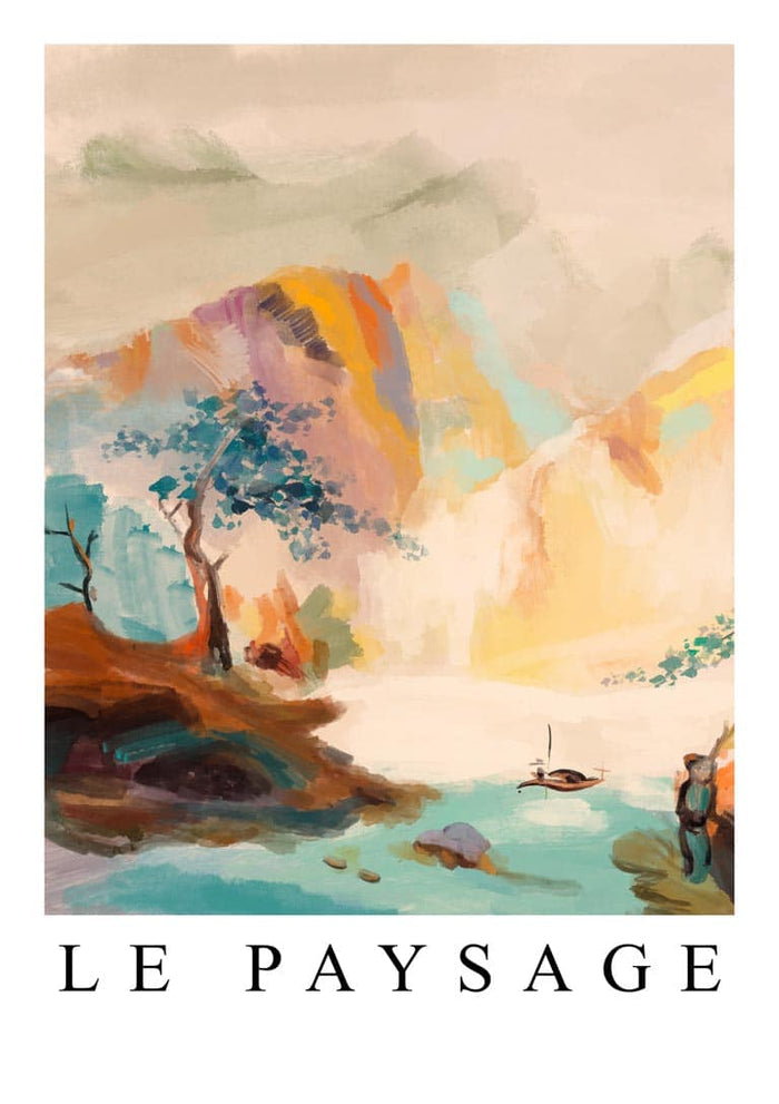 Colorful mountain landscape with trees and water, painted in a dreamy style. Text reads "Le Paysage" below.