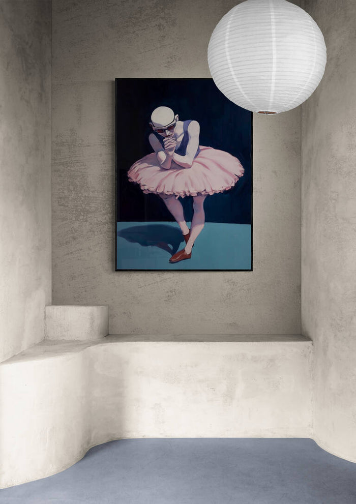 Framed "Mr. Ballet - Martin Zen" artwork featuring a ballet dancer in pink tutu, displayed in a minimalist room.