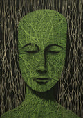Abstract green human face made of interwoven lines, eyes closed, with vertical strands in the background.