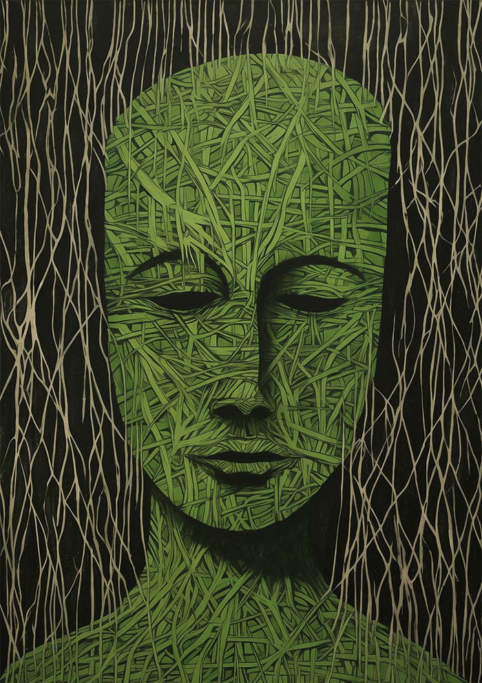 Abstract green human face made of interwoven lines, eyes closed, with vertical strands in the background.