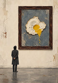 Museum of Small Disasters by Matthews Gallerie - a broken fried egg framed as a masterpiece with a lone visitor looking up at it