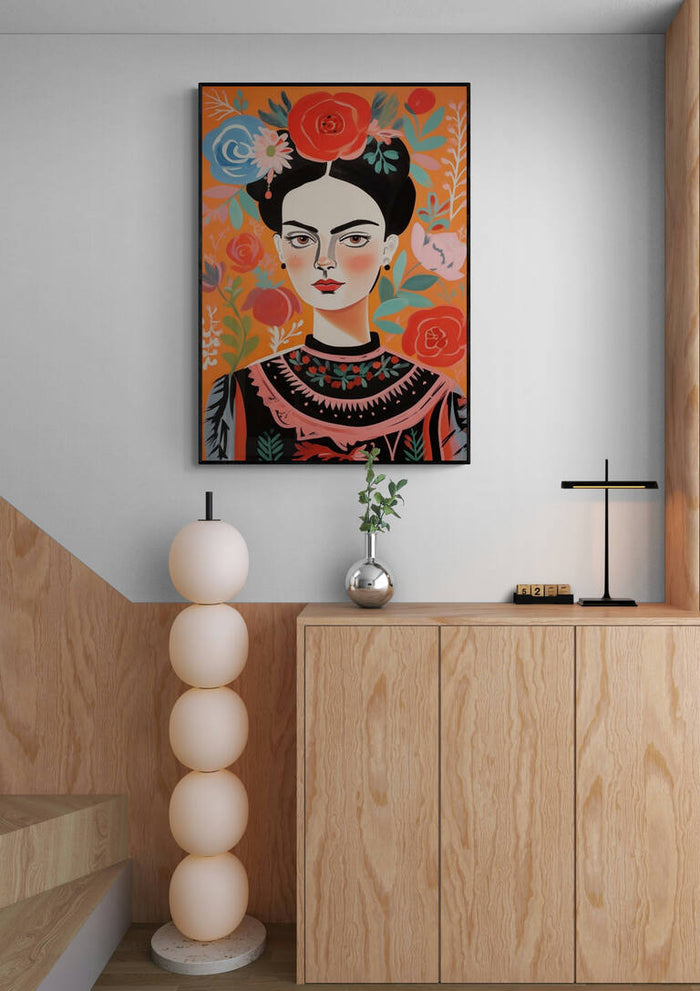 Colorful painting of a woman with flowers, displayed above a modern cabinet in a stylish room.