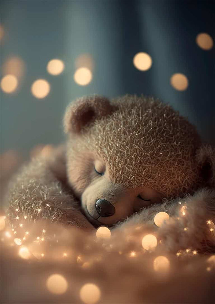 A fluffy teddy bear peacefully sleeping with soft glowing lights, promoting My Sleeping Teddy - Treechild.