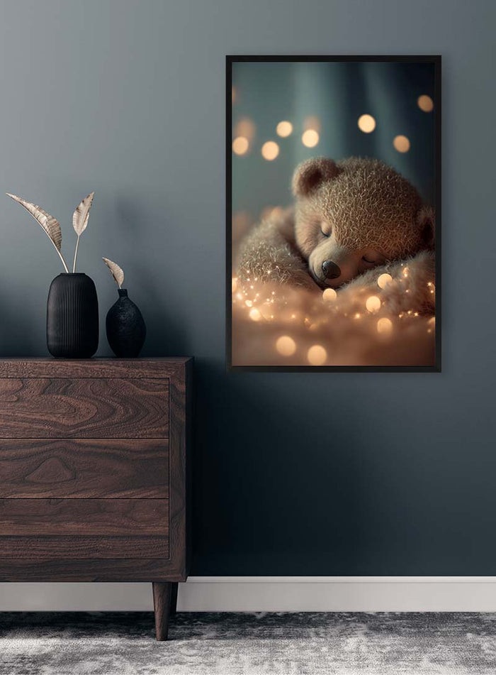 Framed My Sleeping Teddy -Treechild art print on a dark wall above a modern wooden dresser with decor.