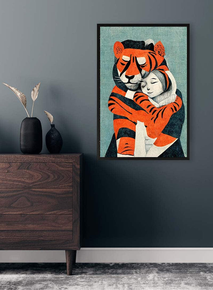 Framed "My Tiger And Me - Treechild" artwork showing a tiger gently hugging a smiling child, hanging on a wall.