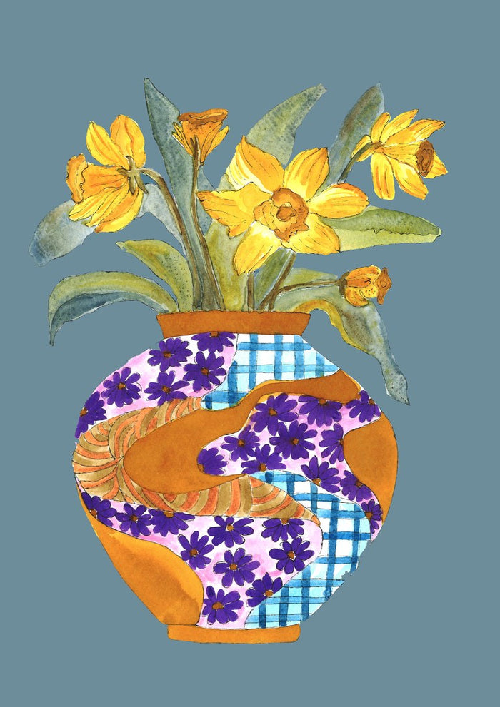 Narcissus by Marjorie Salvagni - yellow daffodils in a vase patched with purple daisies