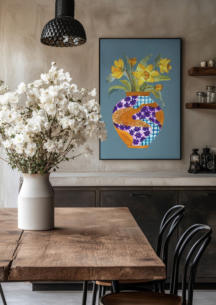 Narcissus by Marjorie Salvagni in a black frame above a rustic table with white flowers