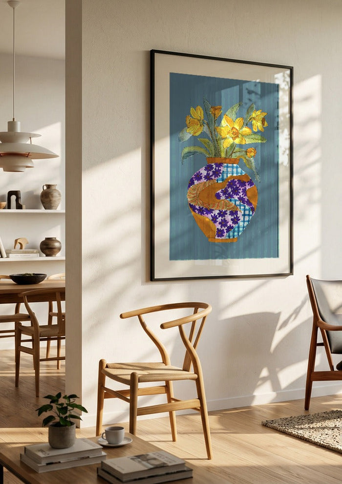 Narcissus by Marjorie Salvagni in a black frame in a bright dining room with wooden chairs